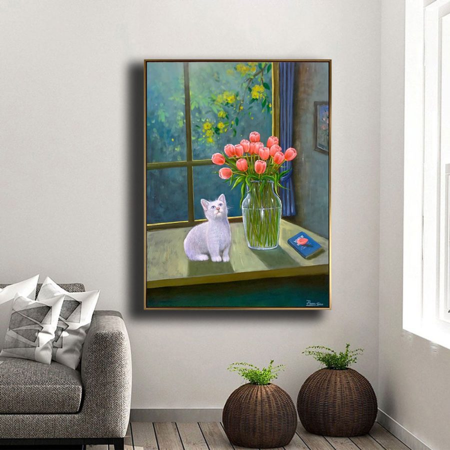 Tranh sơn dầu Chú Mèo Bên Ô Cửa SDTC251